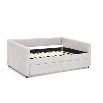 Full Size Daybed with Trundle Upholstered Sofa Bed, with Vertical Stripes, Linen Fabric, Beige (82.5x58x30)