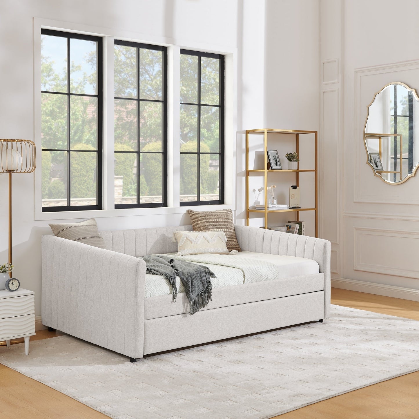 Full Size Daybed with Trundle Upholstered Sofa Bed, with Vertical Stripes, Linen Fabric, Beige (82.5x58x30)