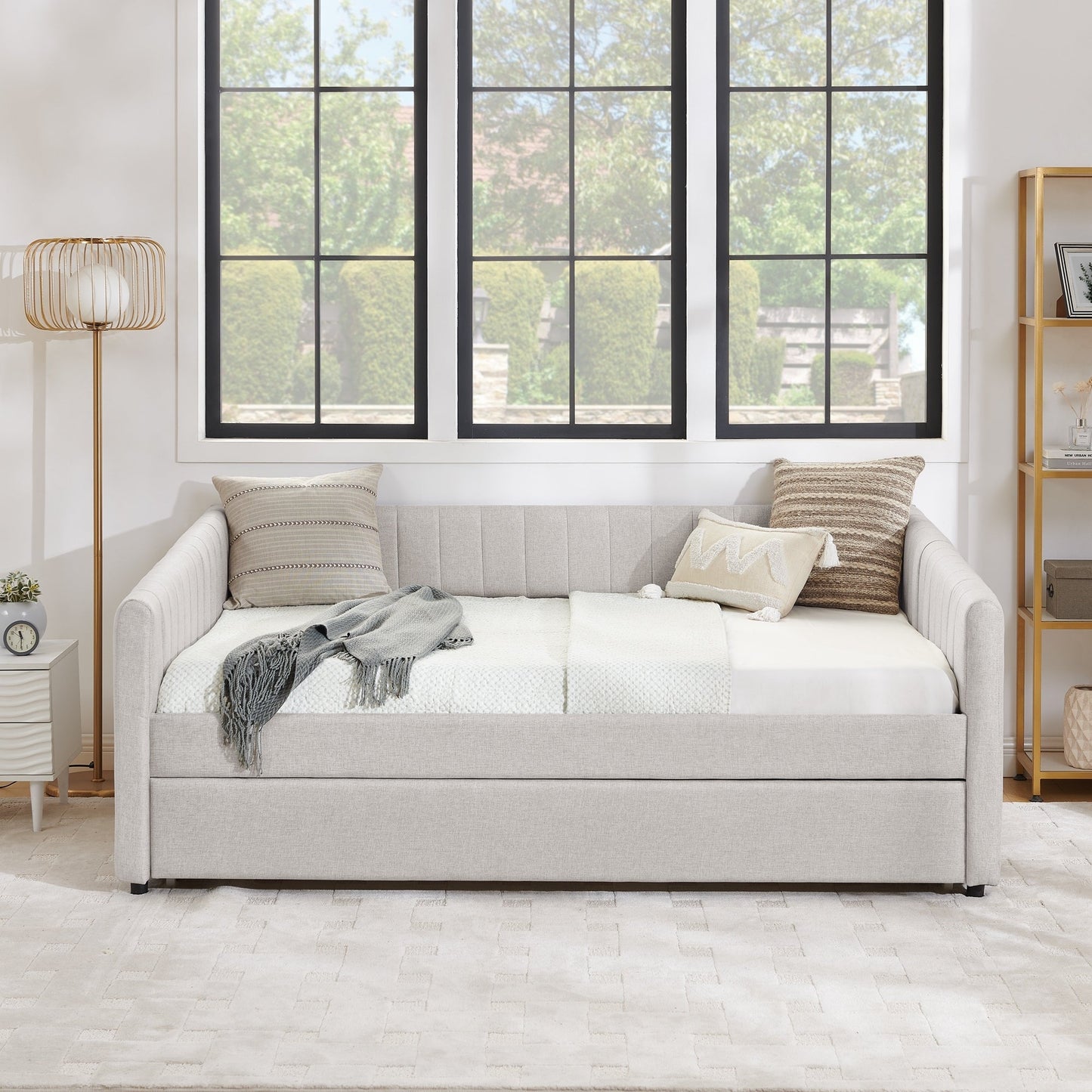 Full Size Daybed with Trundle Upholstered Sofa Bed, with Vertical Stripes, Linen Fabric, Beige (82.5x58x30)