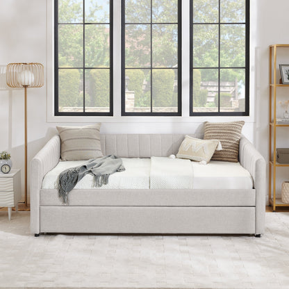 Full Size Daybed with Trundle Upholstered Sofa Bed, with Vertical Stripes, Linen Fabric, Beige (82.5x58x30)