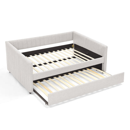 Full Size Daybed with Trundle Upholstered Sofa Bed, with Vertical Stripes, Linen Fabric, Beige (82.5x58x30)