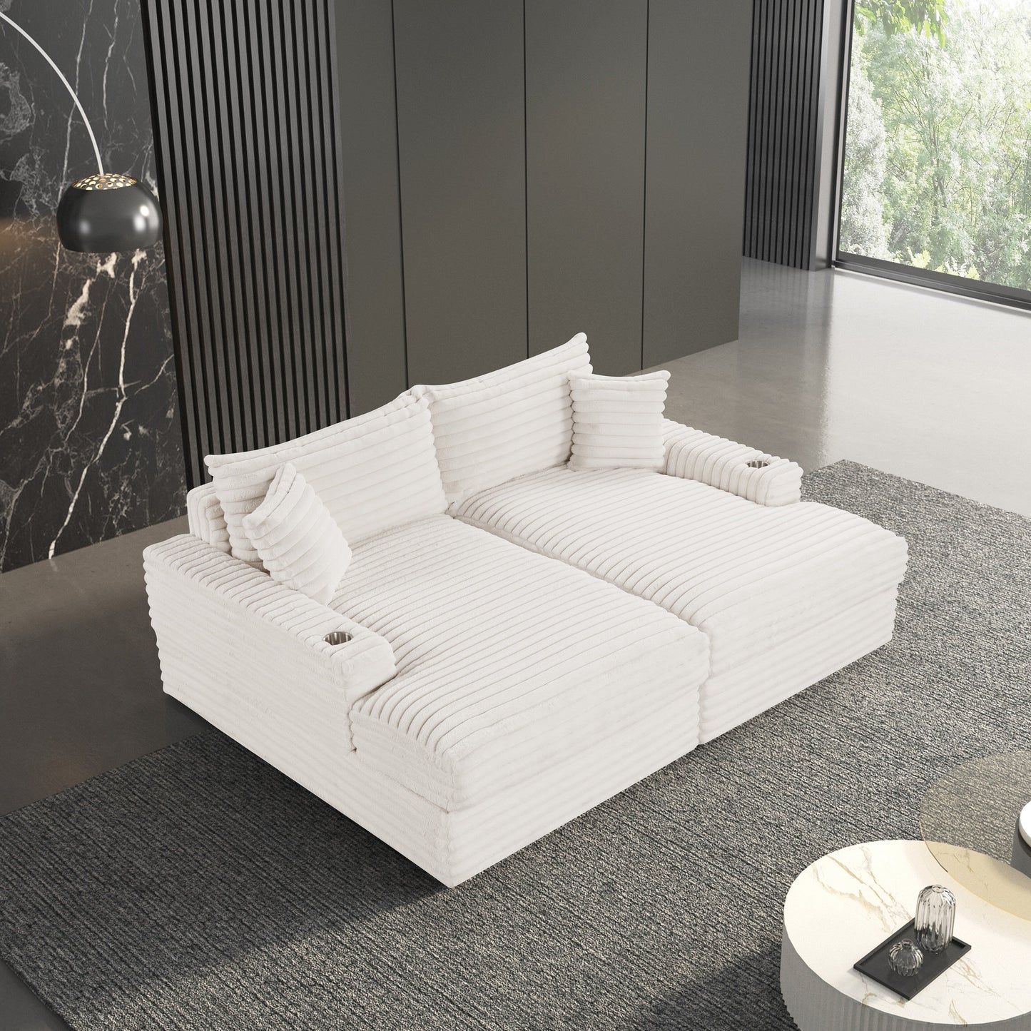 Furniture of America Dumana Modern Padded Chenille Oversized Sofa Chaise with USB Charger and Cup Holders