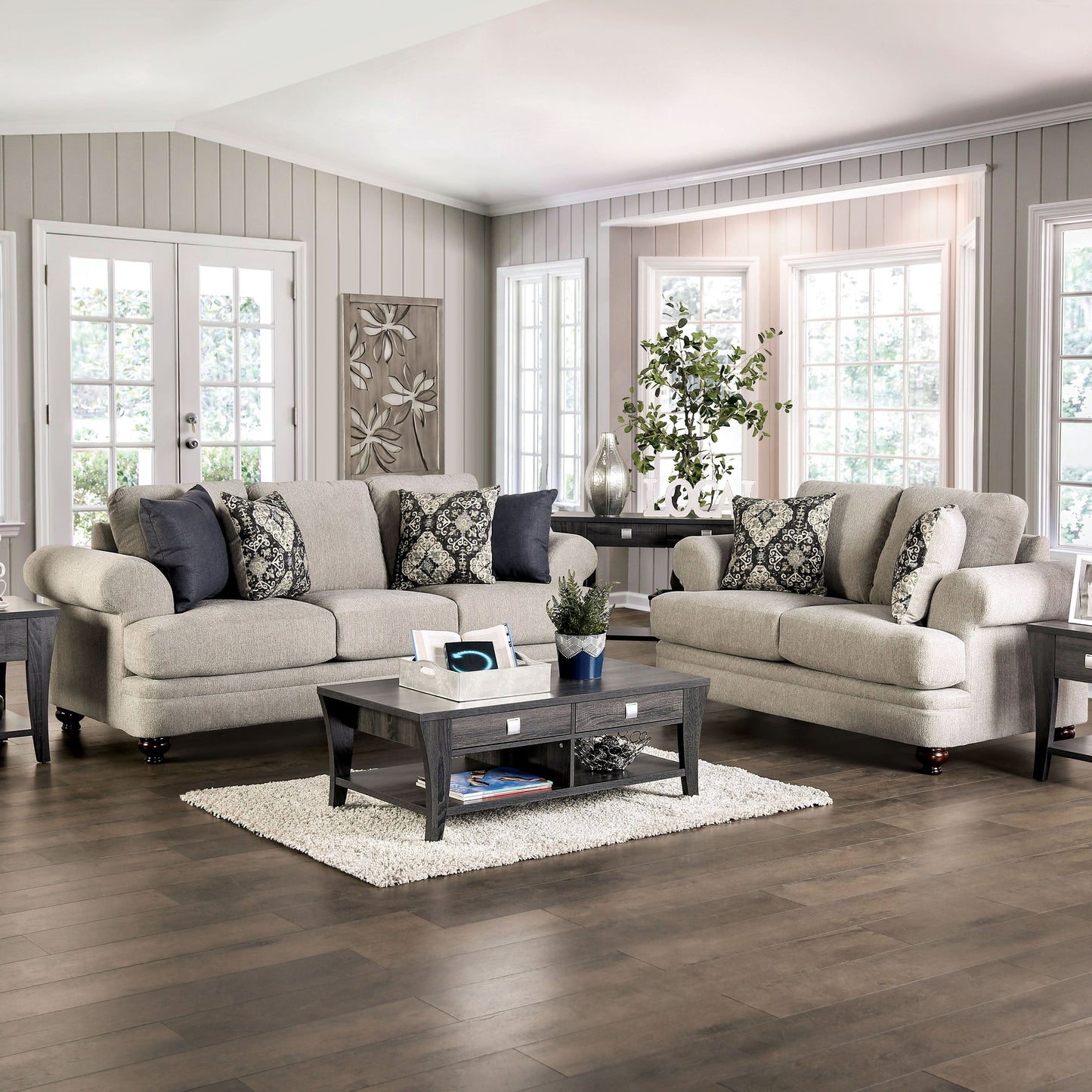 Frane Transitional Beige Chenille Upholstered T-Cushion Sofa by Furniture of America