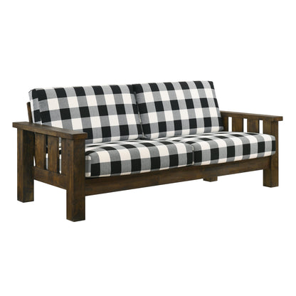 Jimo Farmhouse Rustic Oak Fabric Upholstered Wooden Arms Sofa by Furniture of America
