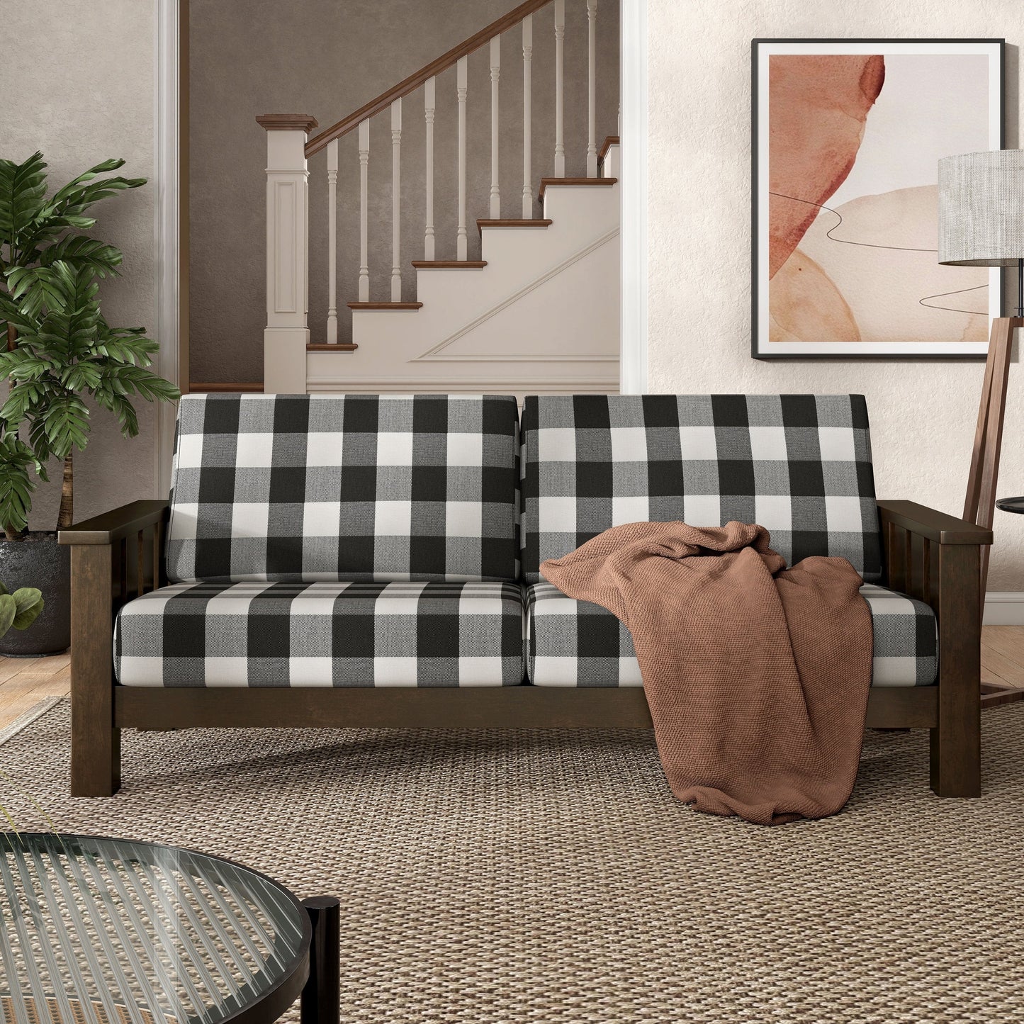 Furniture of America Milou Rustic Wood Plaid Patterned Fabric Sofa