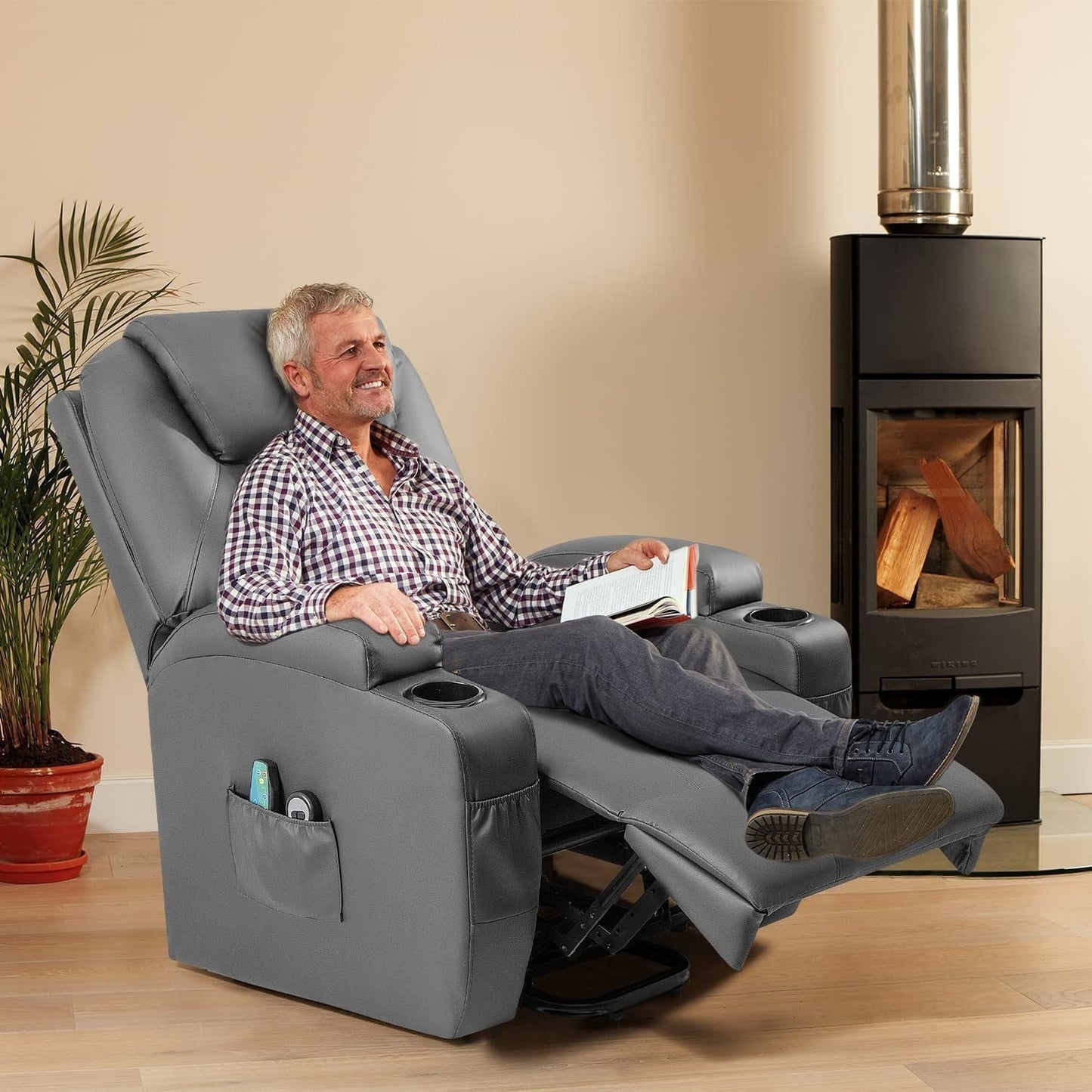 Furniwell Power Lift PU Leather Recliner with Massage and Heating