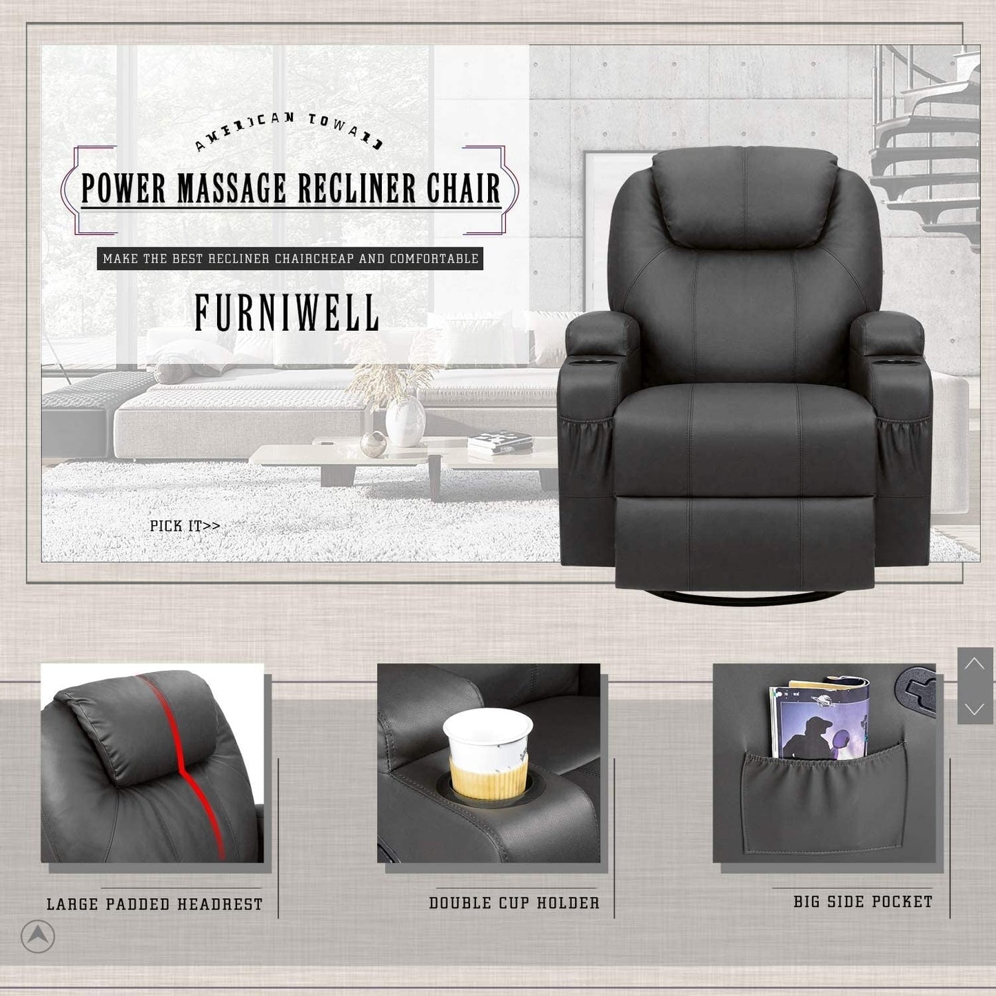 Furniwell Rotary Massage Heated Function Recliner PU Leather Whirl