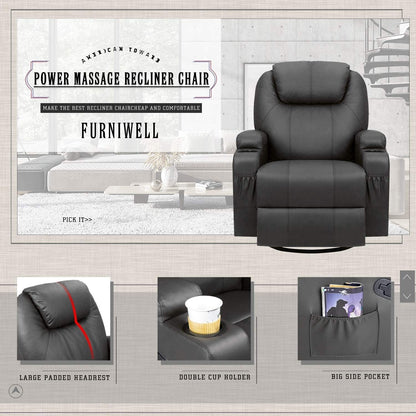 Furniwell Rotary Massage Heated Function Recliner PU Leather Whirl