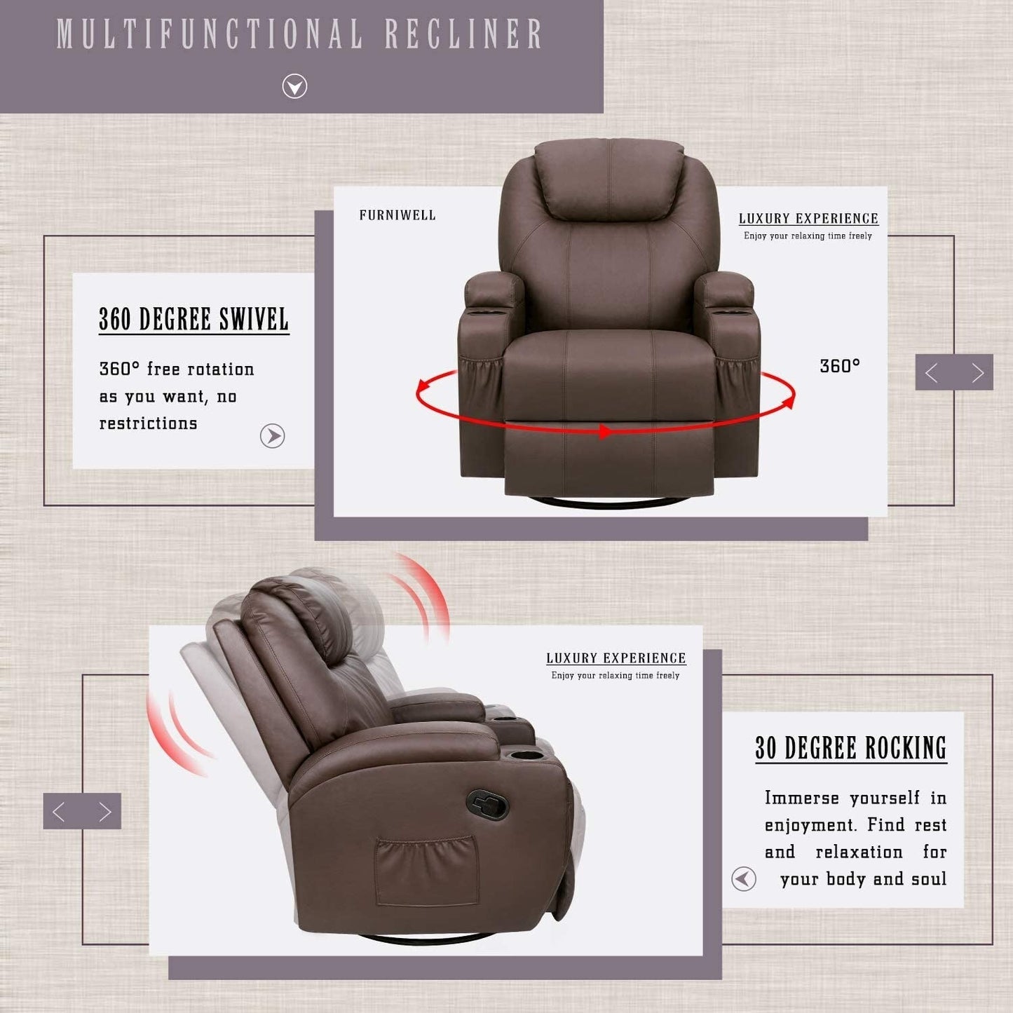 Furniwell Rotary Massage Heated Function Recliner PU Leather Whirl