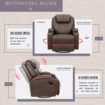 Furniwell Rotary Massage Heated Function Recliner PU Leather Whirl