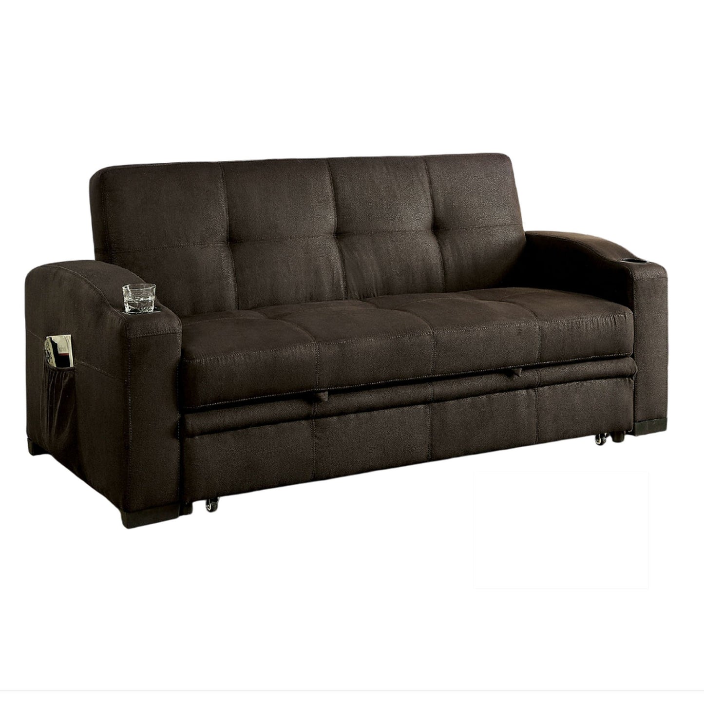 Futon Sofa, Brown Fabric Upholstery, Pull Out Base, Button Tufting