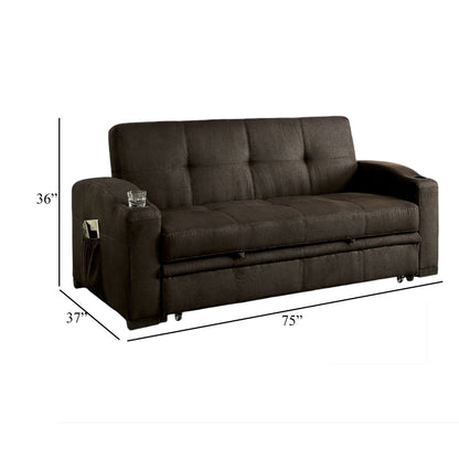 Futon Sofa, Brown Fabric Upholstery, Pull Out Base, Button Tufting