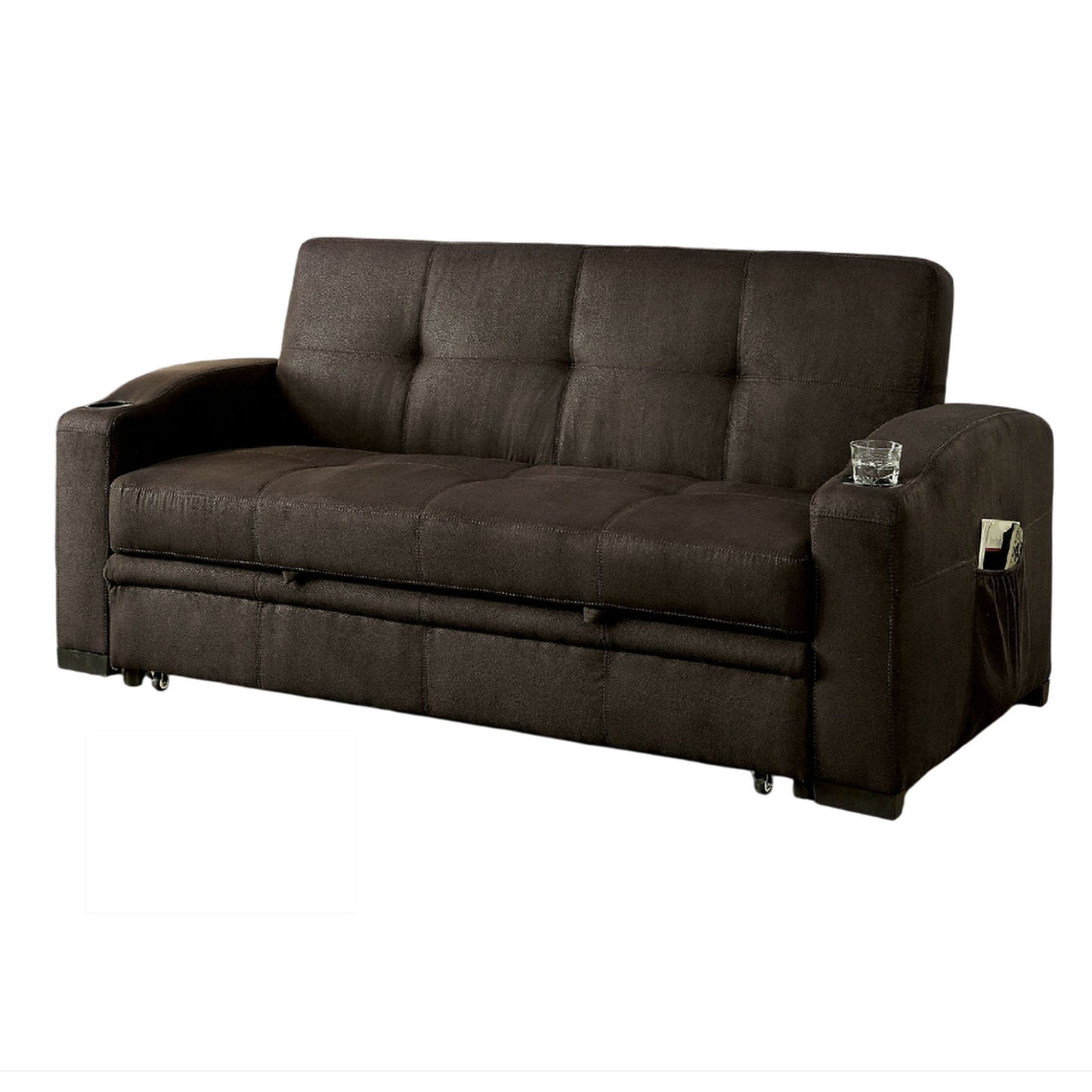 Futon Sofa, Brown Fabric Upholstery, Pull Out Base, Button Tufting