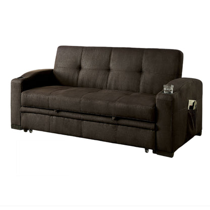 Futon Sofa, Brown Fabric Upholstery, Pull Out Base, Button Tufting