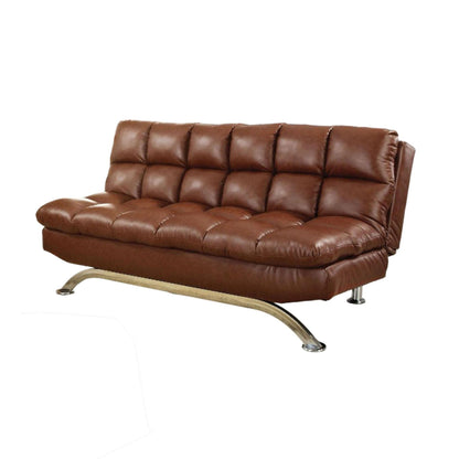 Futon Sofa, Deep Tufted Brown Faux Leather Upholstery, Chrome Legs