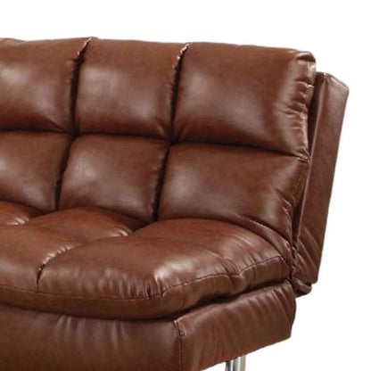 Futon Sofa, Deep Tufted Brown Faux Leather Upholstery, Chrome Legs