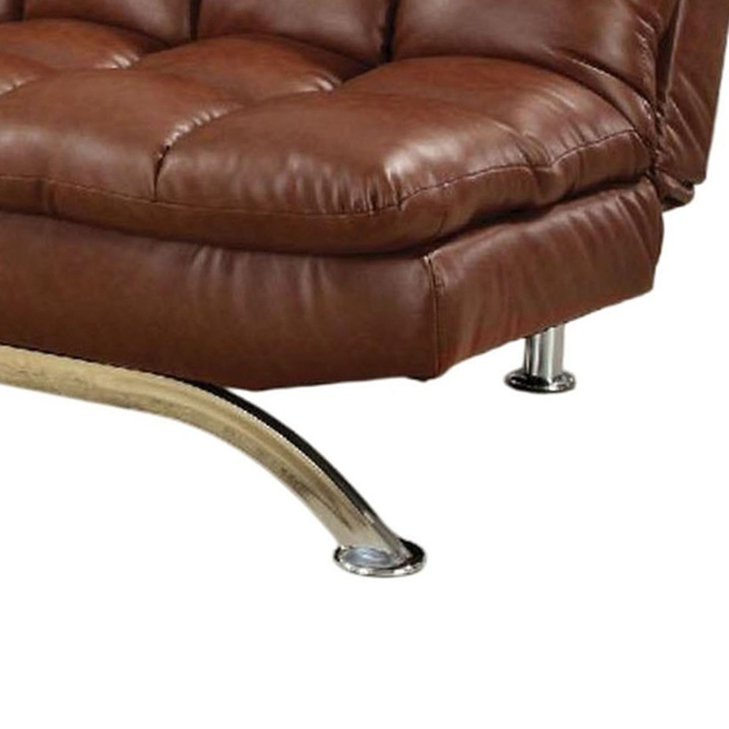Futon Sofa, Deep Tufted Brown Faux Leather Upholstery, Chrome Legs