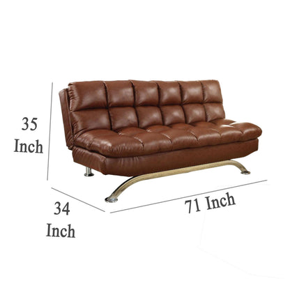 Futon Sofa, Deep Tufted Brown Faux Leather Upholstery, Chrome Legs