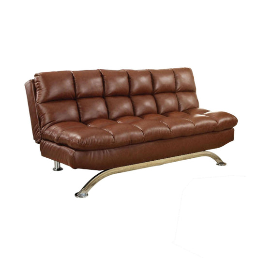Futon Sofa, Deep Tufted Brown Faux Leather Upholstery, Chrome Legs