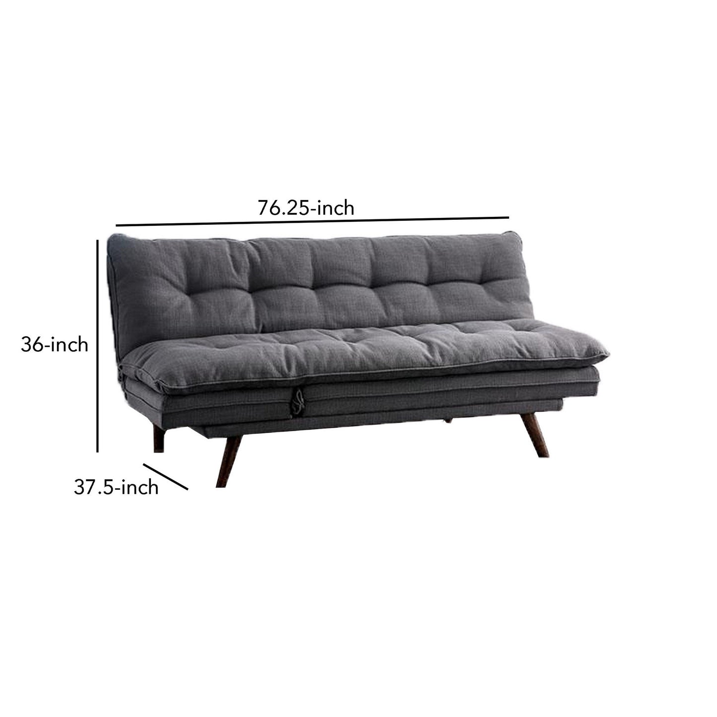 Futon Sofa, Gray Fabric Upholstered, Button Tufting, Solid Wood Frame