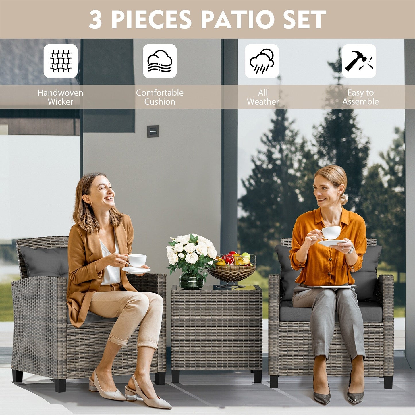 Futzca 3 Piece Patio Furniture Set with Glass Table