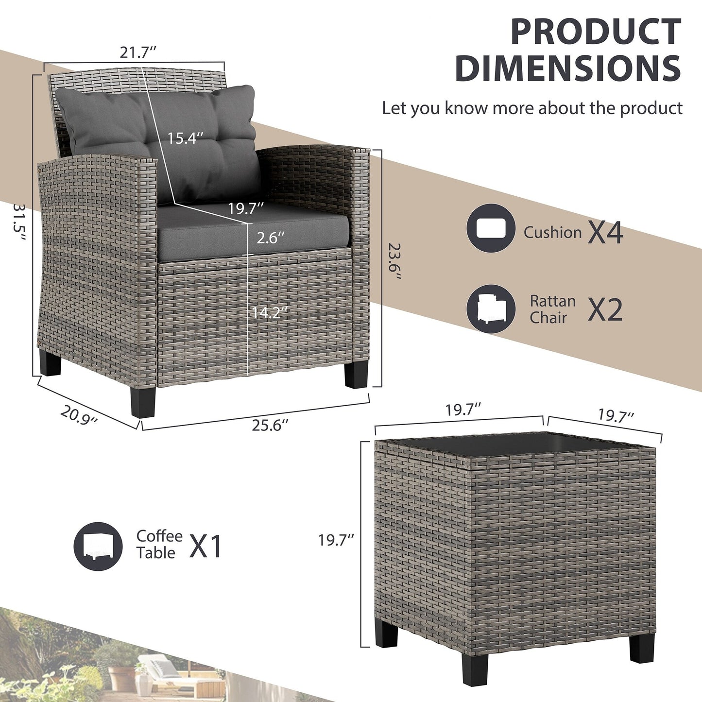 Futzca 3 Piece Patio Furniture Set with Glass Table
