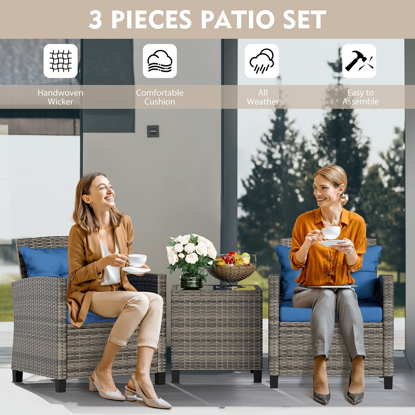 Futzca 3 Piece Patio Furniture Set with Glass Table