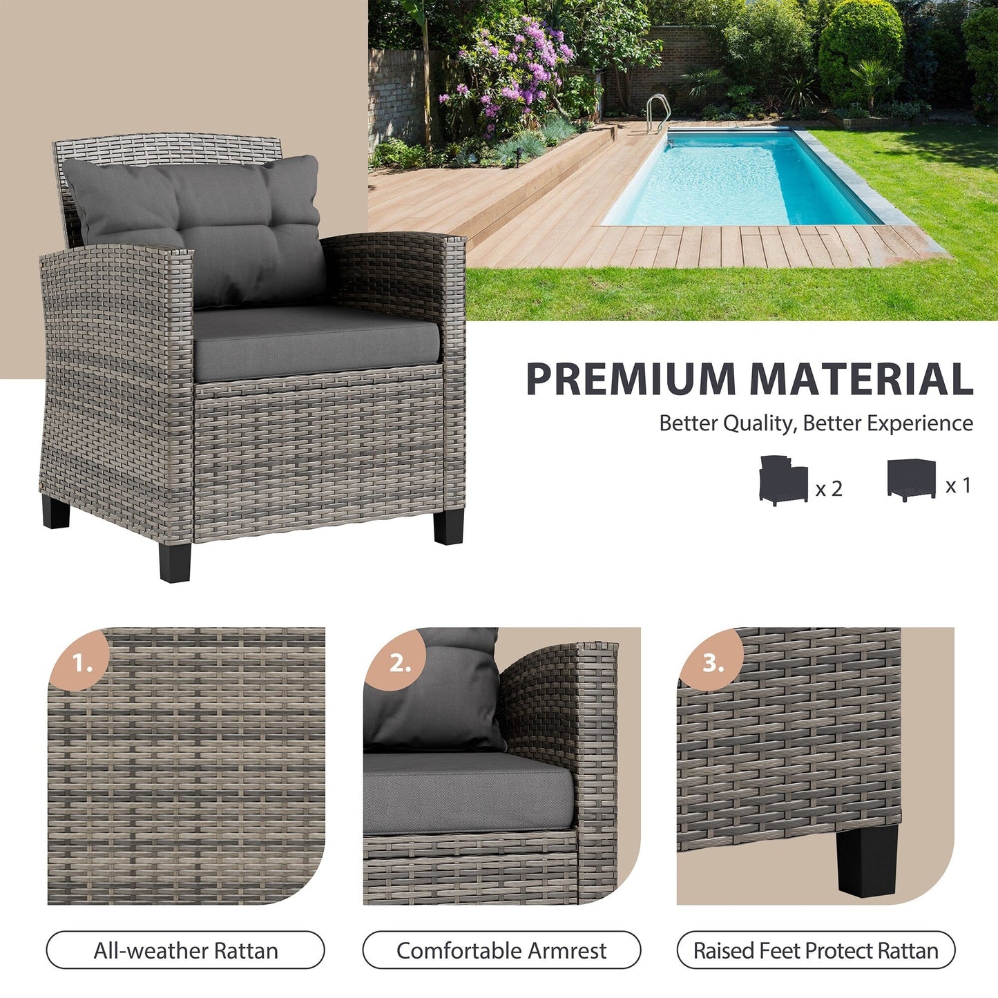 Futzca 3 Piece Patio Furniture Set with Glass Table