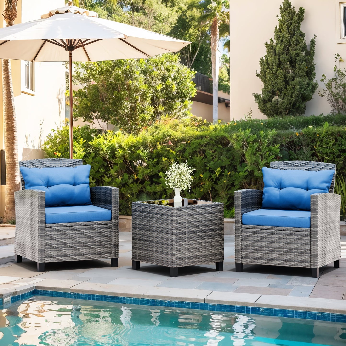 Futzca 3 Piece Patio Furniture Set with Glass Table