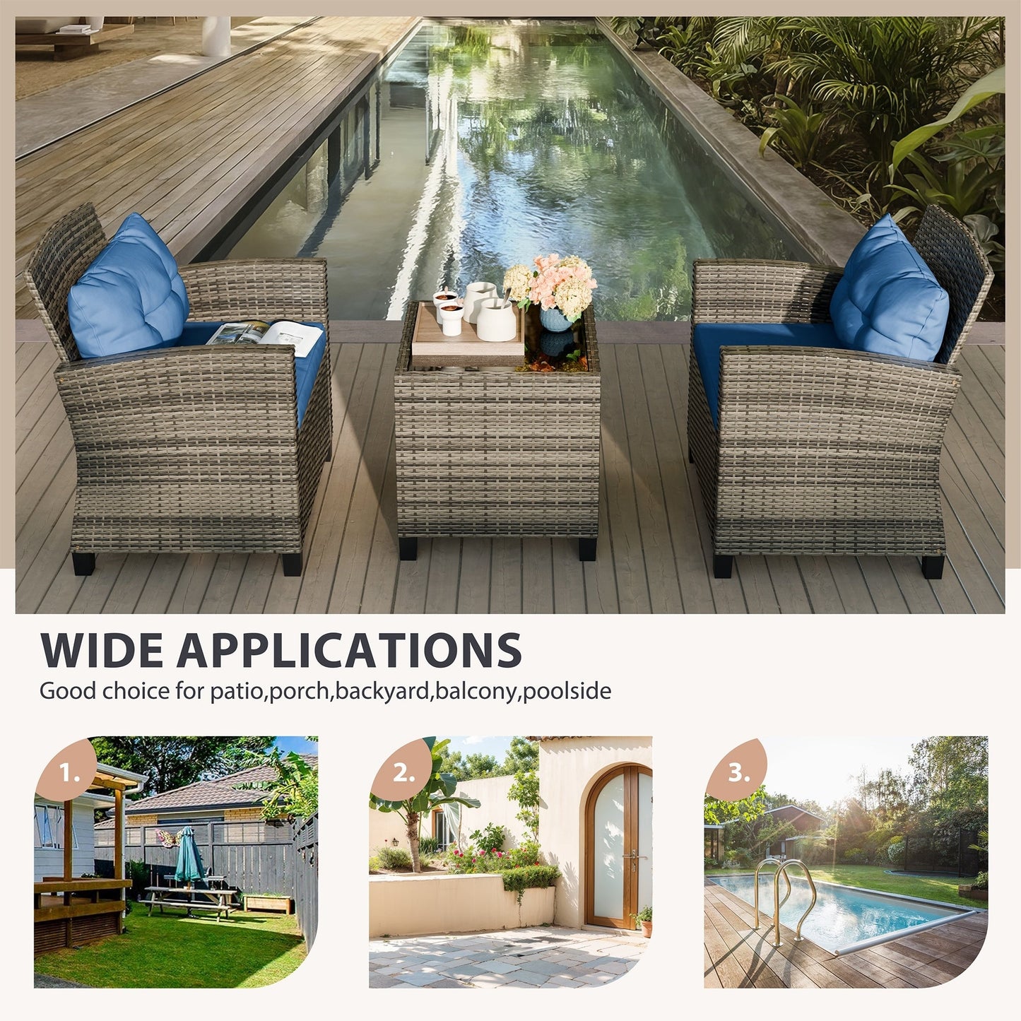Futzca 3 Piece Patio Furniture Set with Glass Table