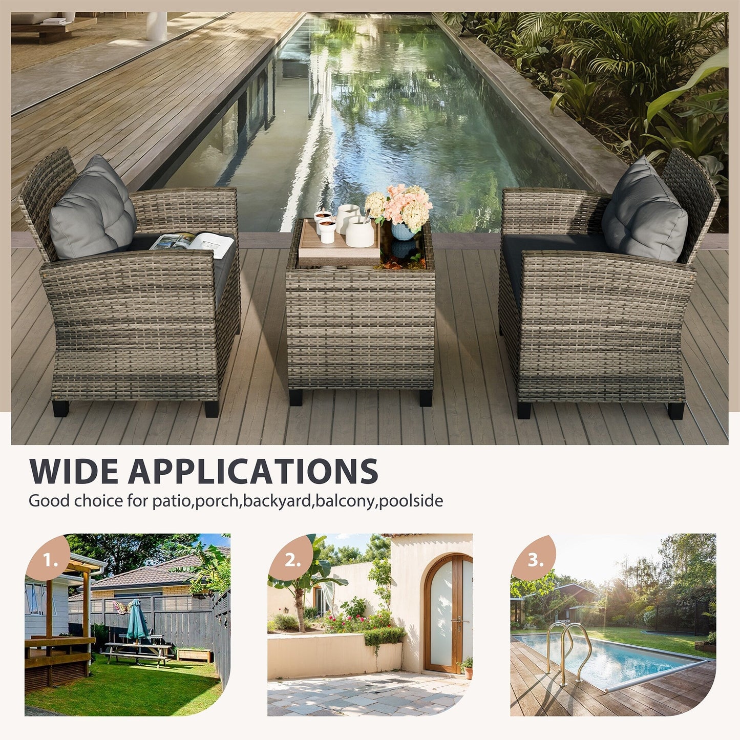 Futzca 3 Piece Patio Furniture Set with Glass Table