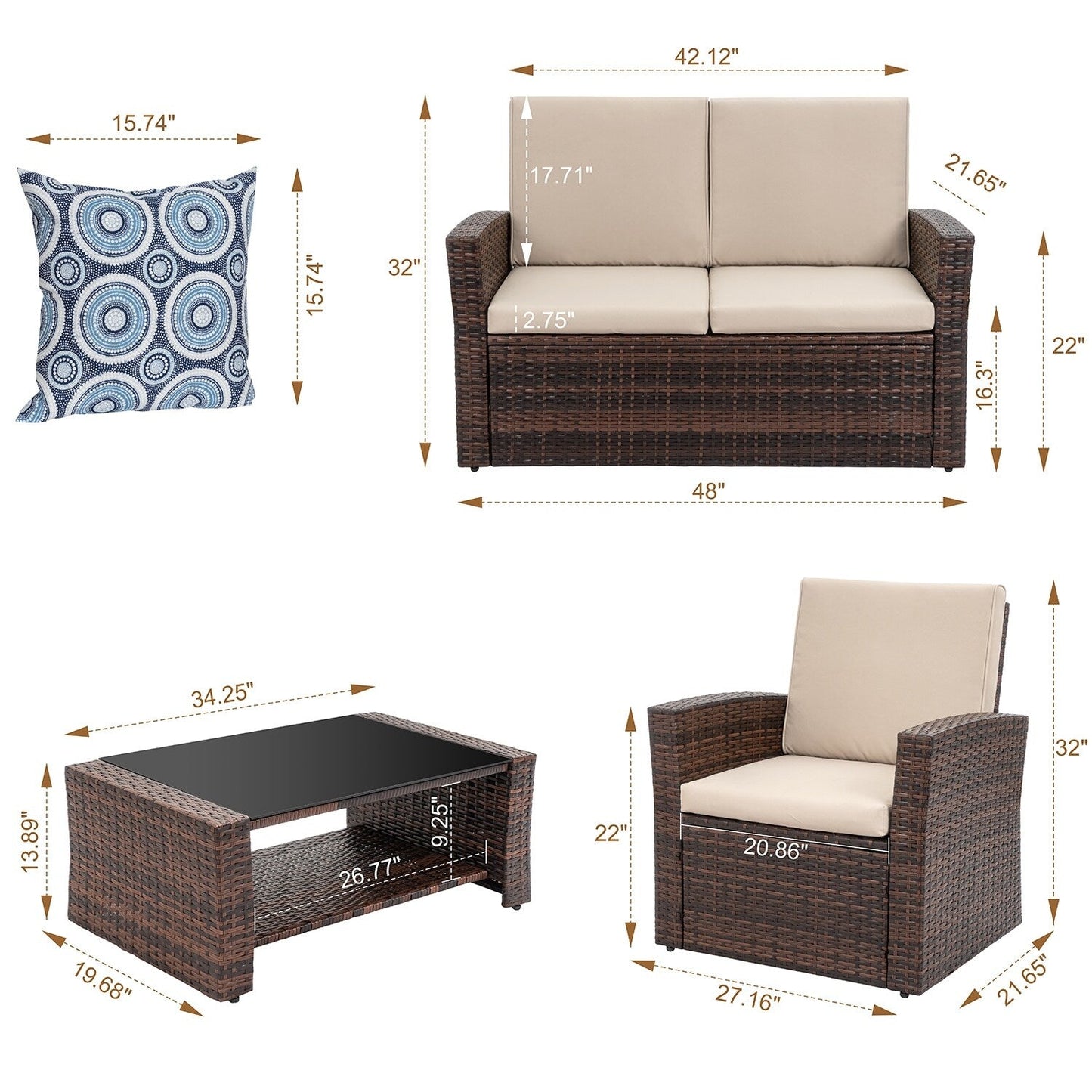 Futzca 4-Piece Outdoor Patio Furniture Set, Wicker Sectional Set