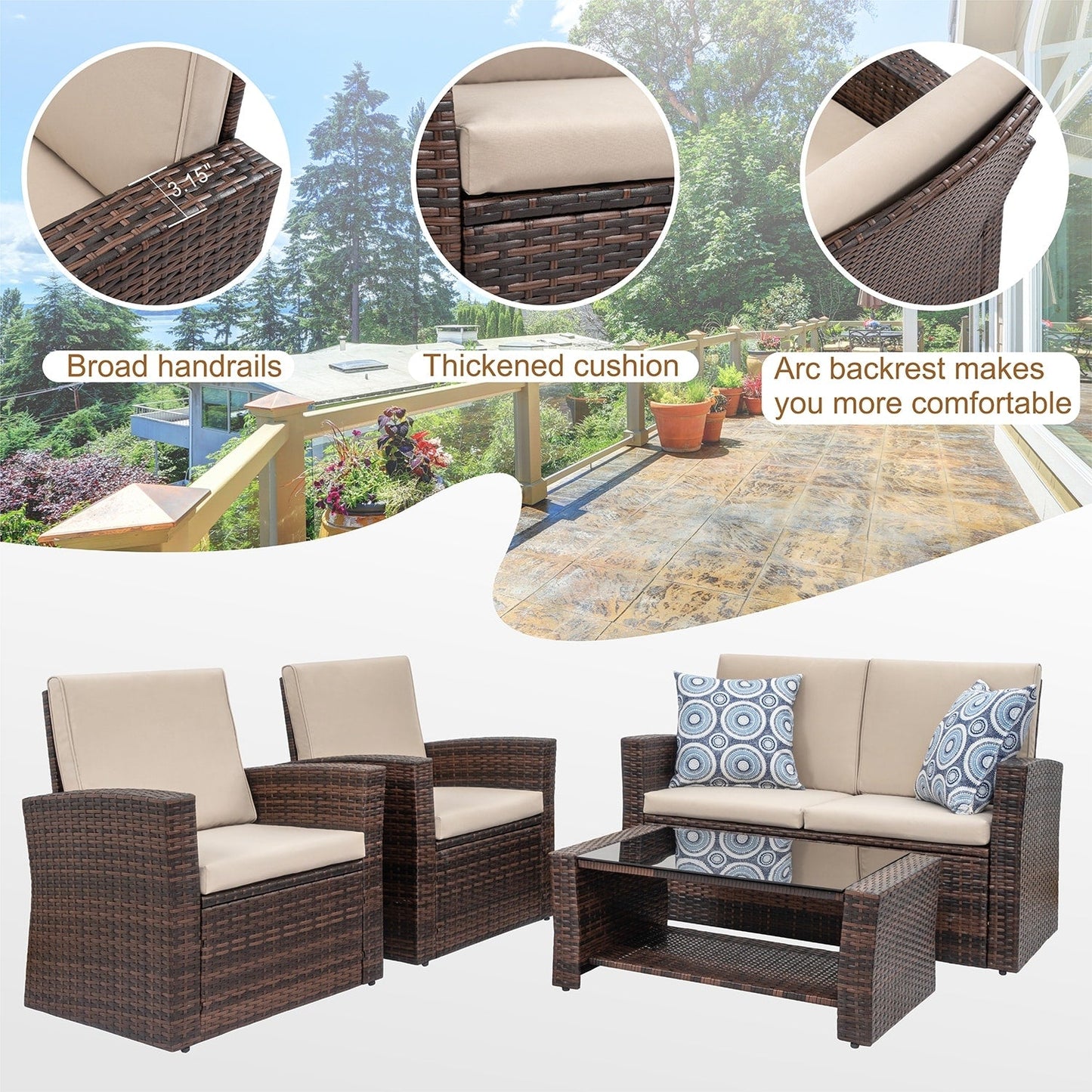 Futzca 4-Piece Outdoor Patio Furniture Set, Wicker Sectional Set