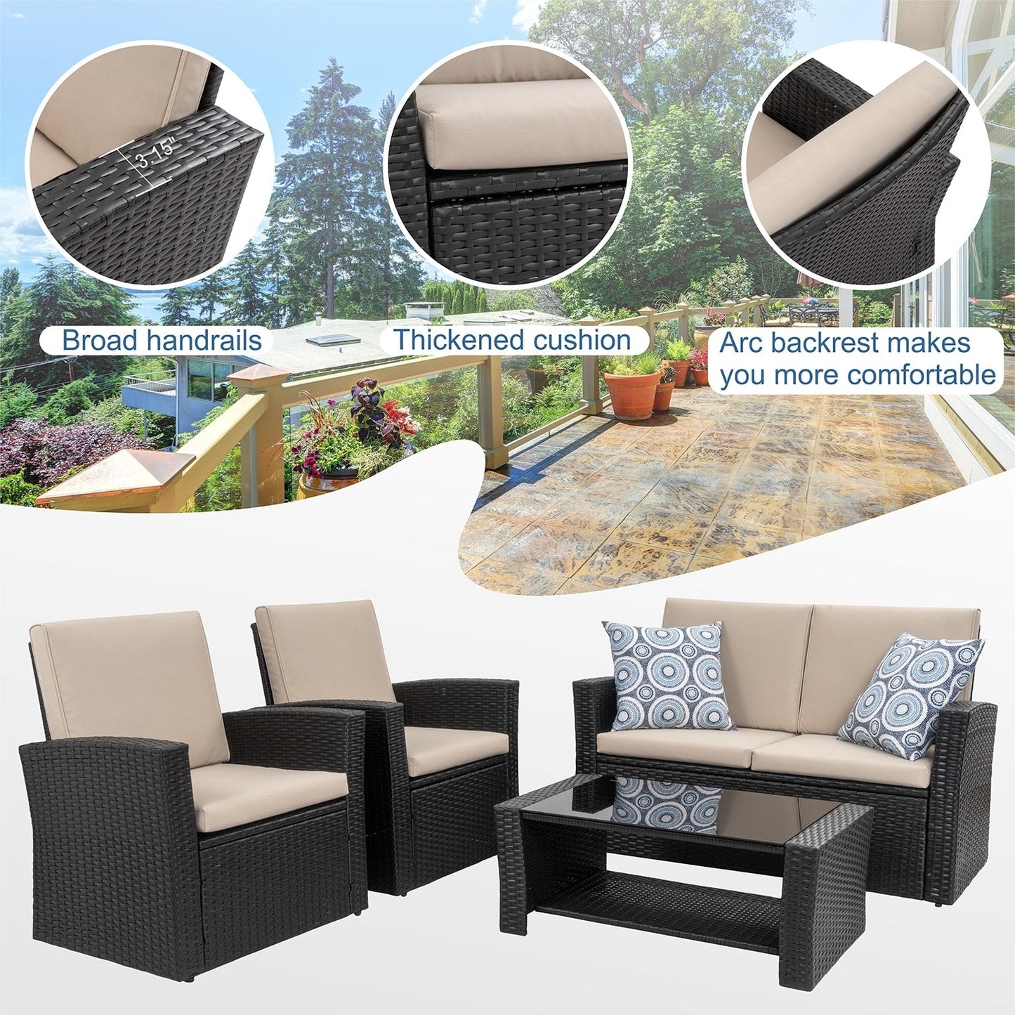 Futzca 4-Piece Outdoor Patio Furniture Set, Wicker Sectional Set