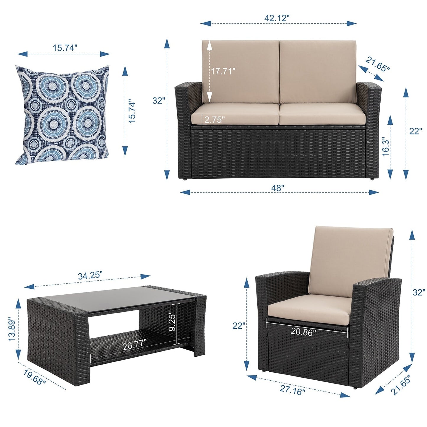 Futzca 4-Piece Outdoor Patio Furniture Set, Wicker Sectional Set
