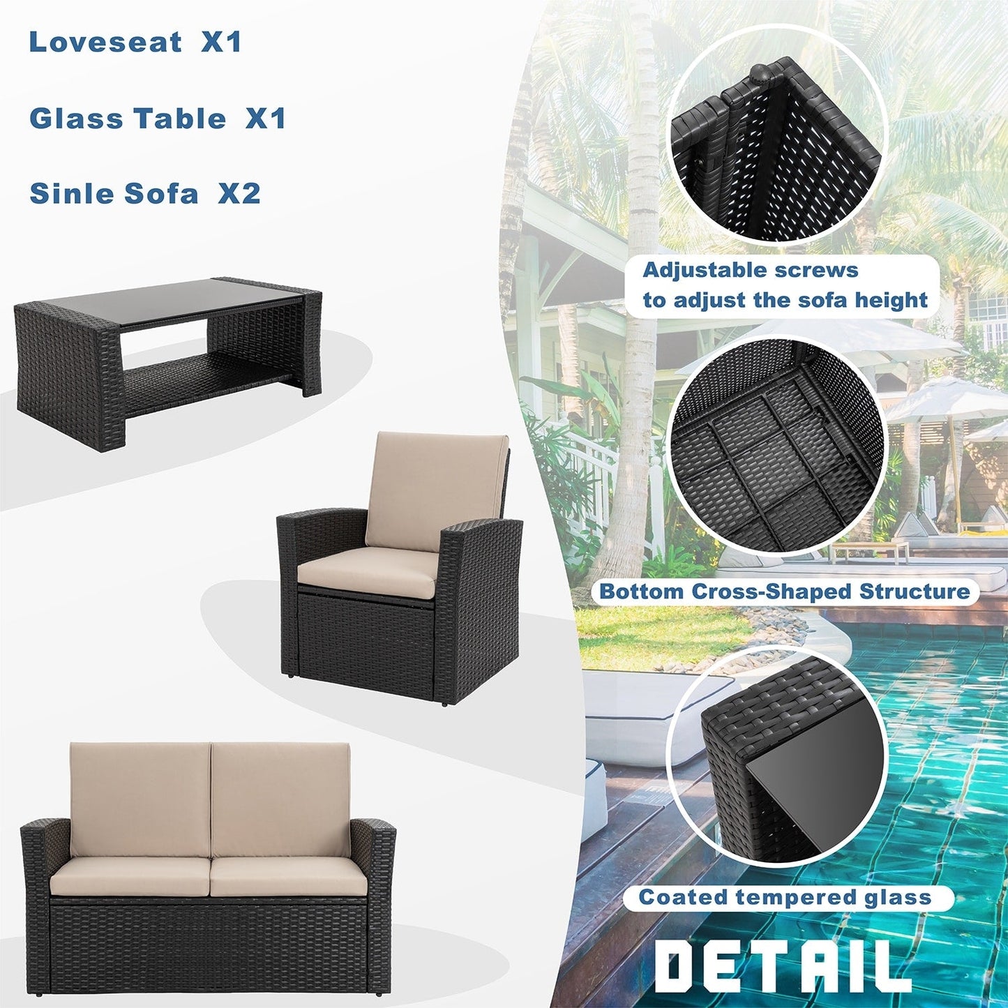 Futzca 4-Piece Outdoor Patio Furniture Set, Wicker Sectional Set