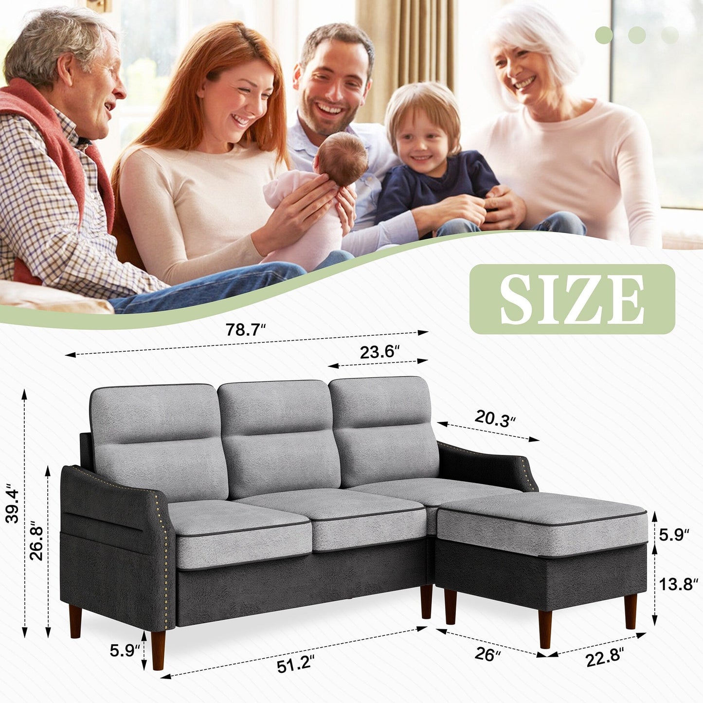 Futzca 78â?L Shaped Sofa Couch with Ottoman and Side Storage Bag