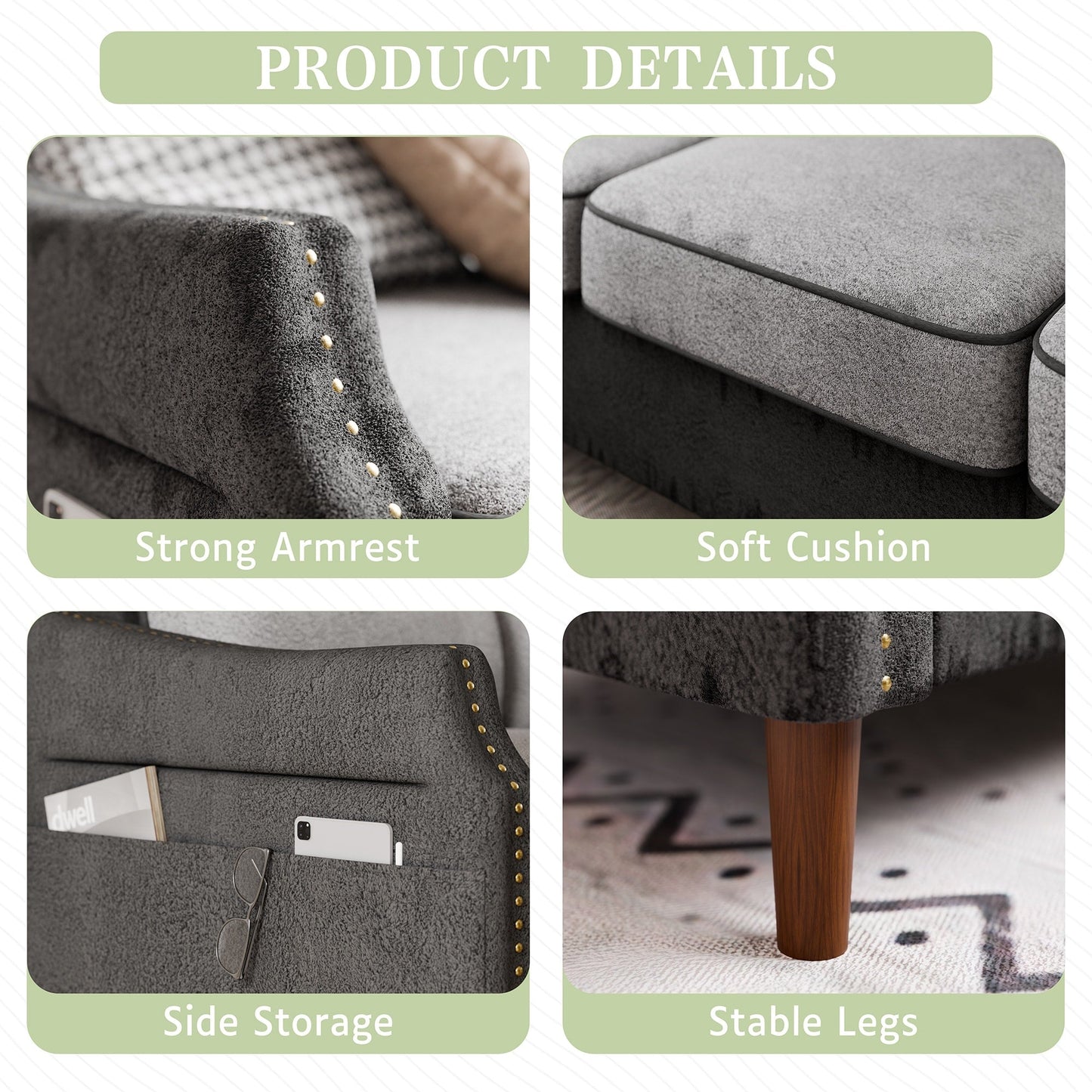 Futzca 78â?L Shaped Sofa Couch with Ottoman and Side Storage Bag