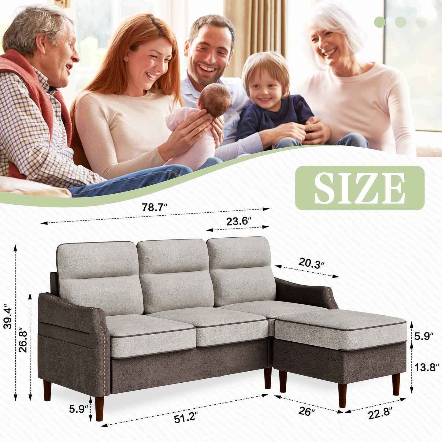 Futzca 78â?L Shaped Sofa Couch with Ottoman and Side Storage Bag