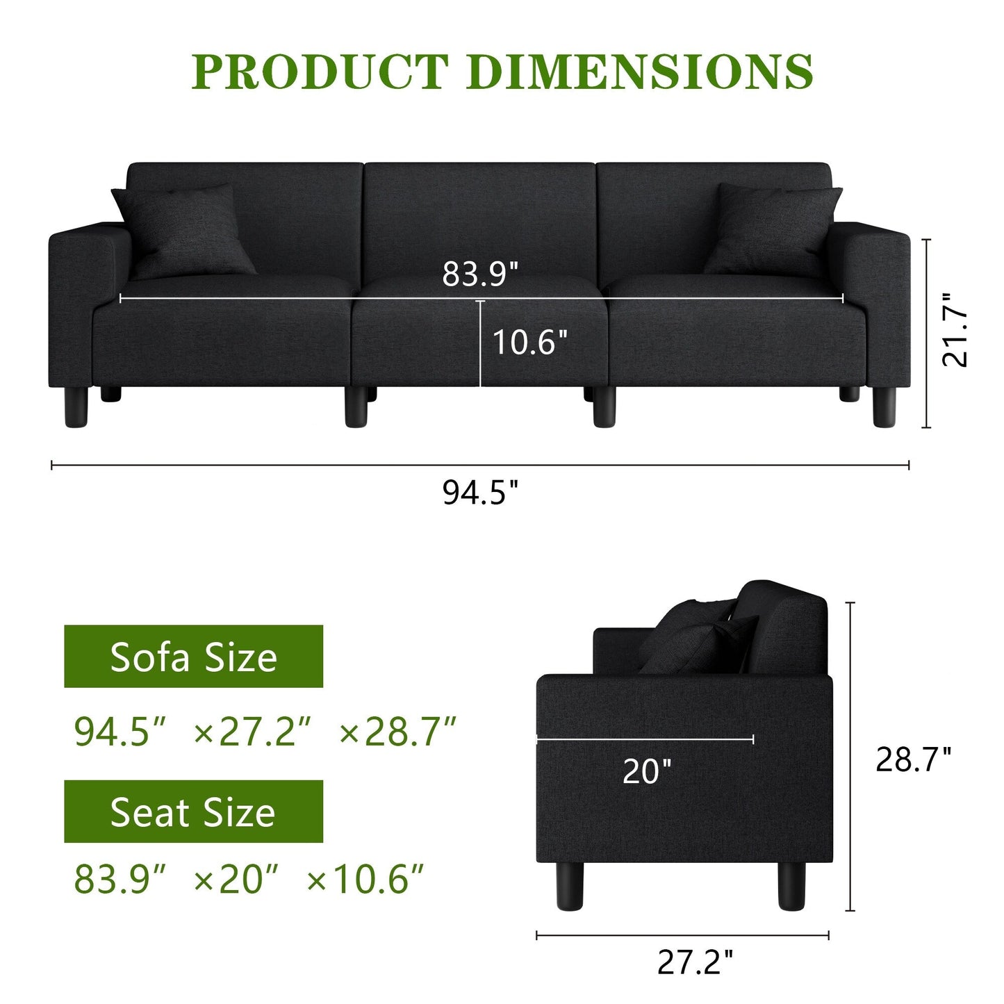 Futzca 94'' Sofa Couch, Modern 3-Seater Sofa with Two Pillows