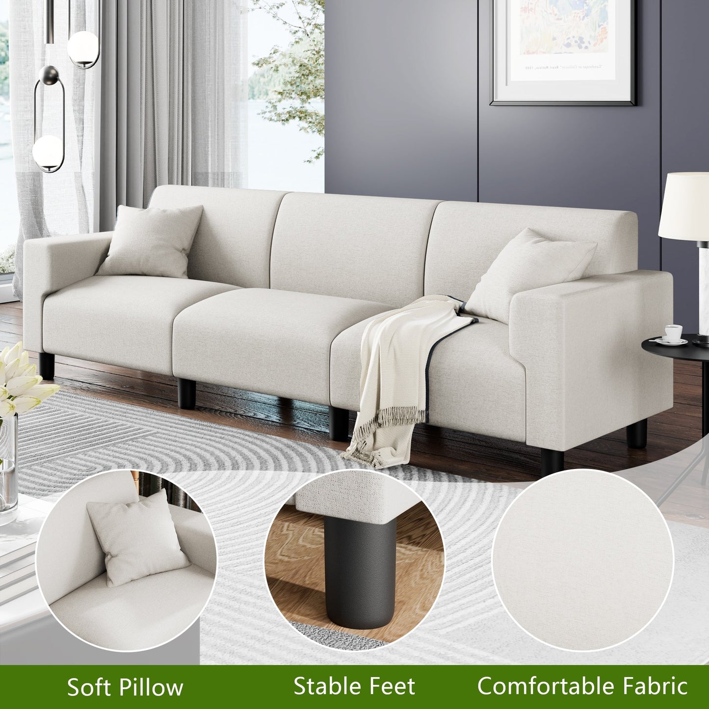 Futzca 94'' Sofa Couch, Modern 3-Seater Sofa with Two Pillows