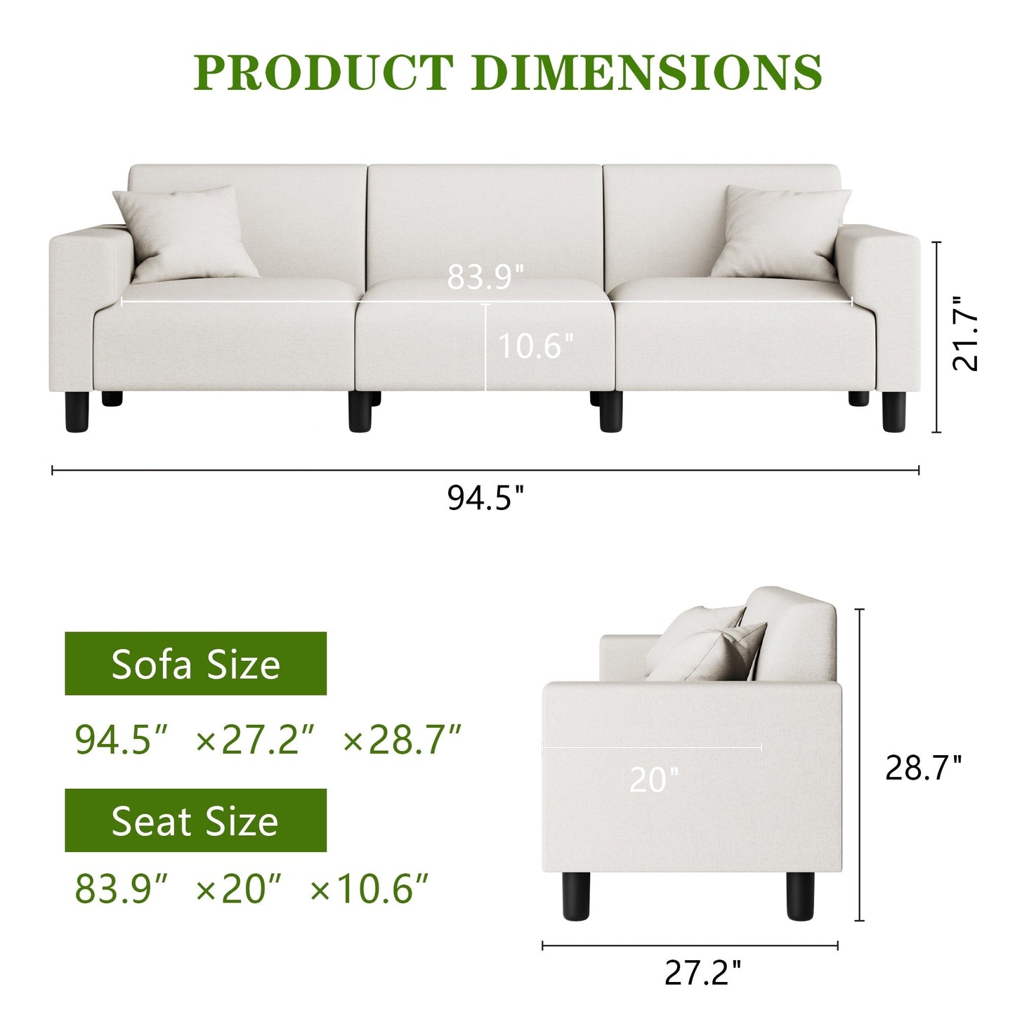 Futzca 94'' Sofa Couch, Modern 3-Seater Sofa with Two Pillows