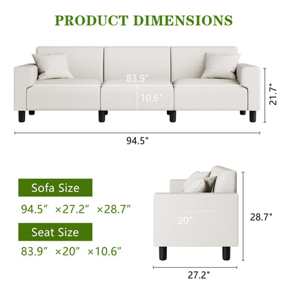 Futzca 94'' Sofa Couch, Modern 3-Seater Sofa with Two Pillows
