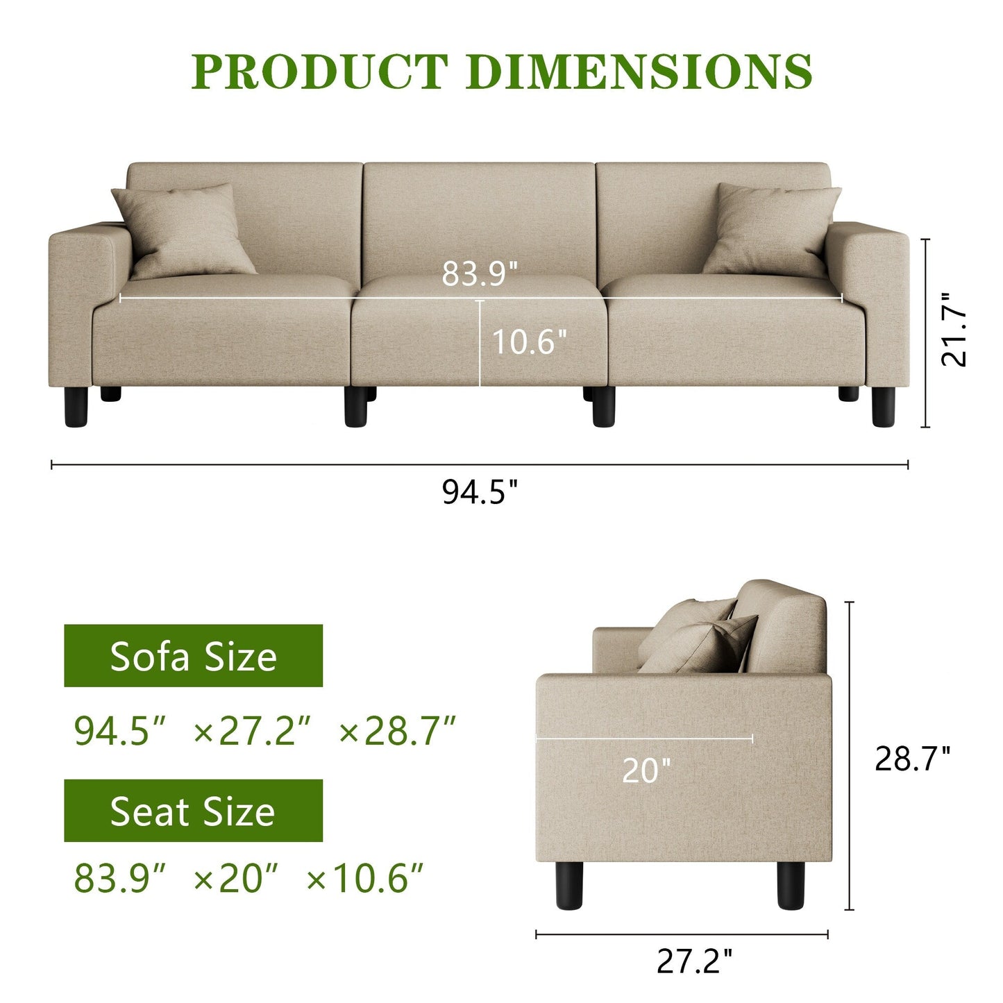 Futzca 94'' Sofa Couch, Modern 3-Seater Sofa with Two Pillows