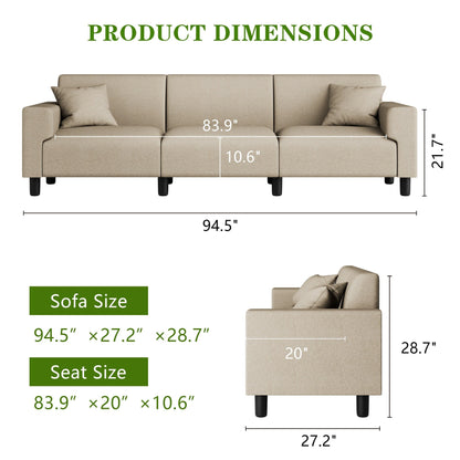 Futzca 94'' Sofa Couch, Modern 3-Seater Sofa with Two Pillows