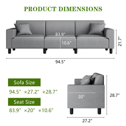 Futzca 94'' Sofa Couch, Modern 3-Seater Sofa with Two Pillows