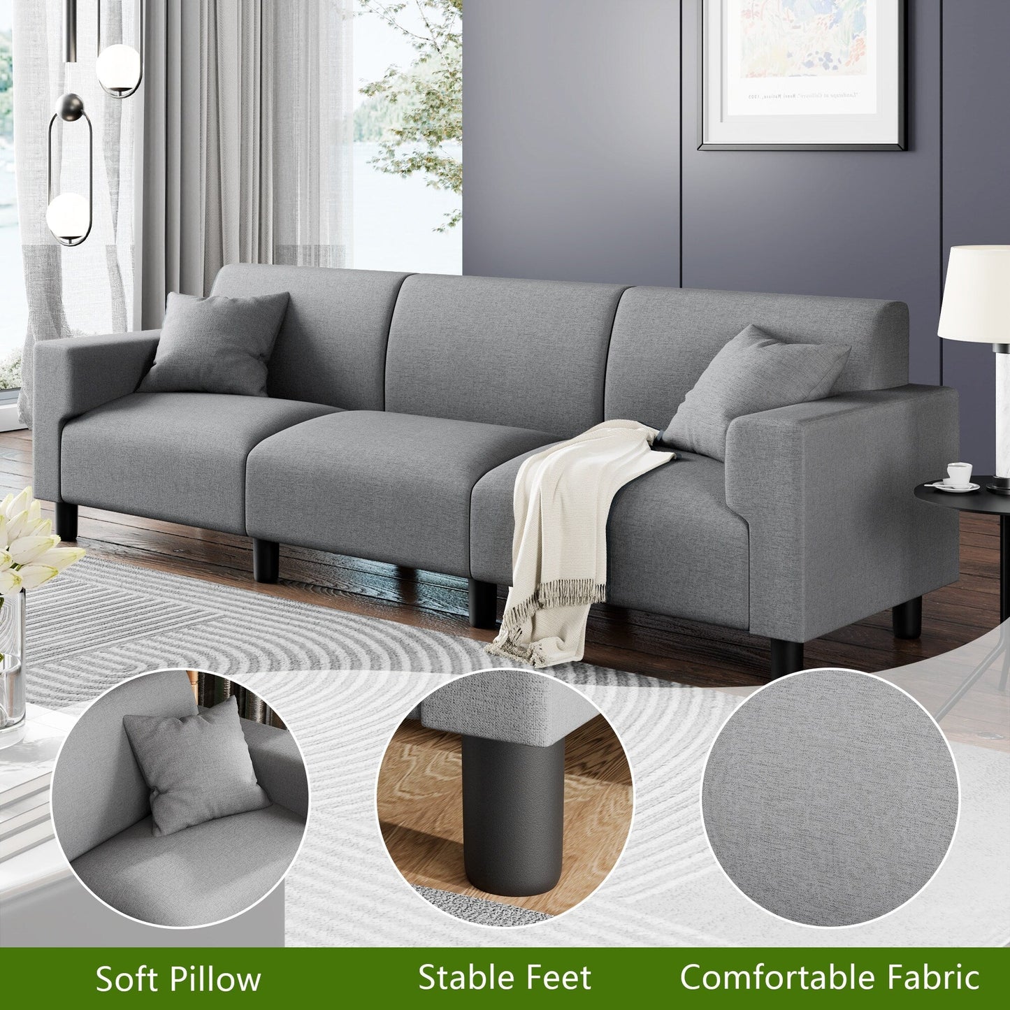 Futzca 94'' Sofa Couch, Modern 3-Seater Sofa with Two Pillows