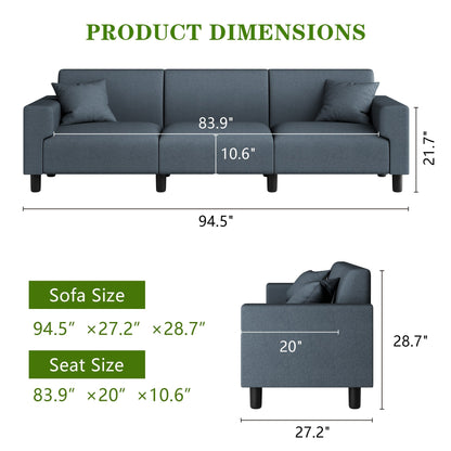 Futzca 94'' Sofa Couch, Modern 3-Seater Sofa with Two Pillows