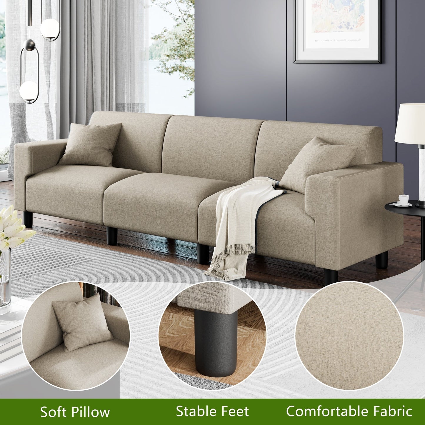 Futzca 94'' Sofa Couch, Modern 3-Seater Sofa with Two Pillows