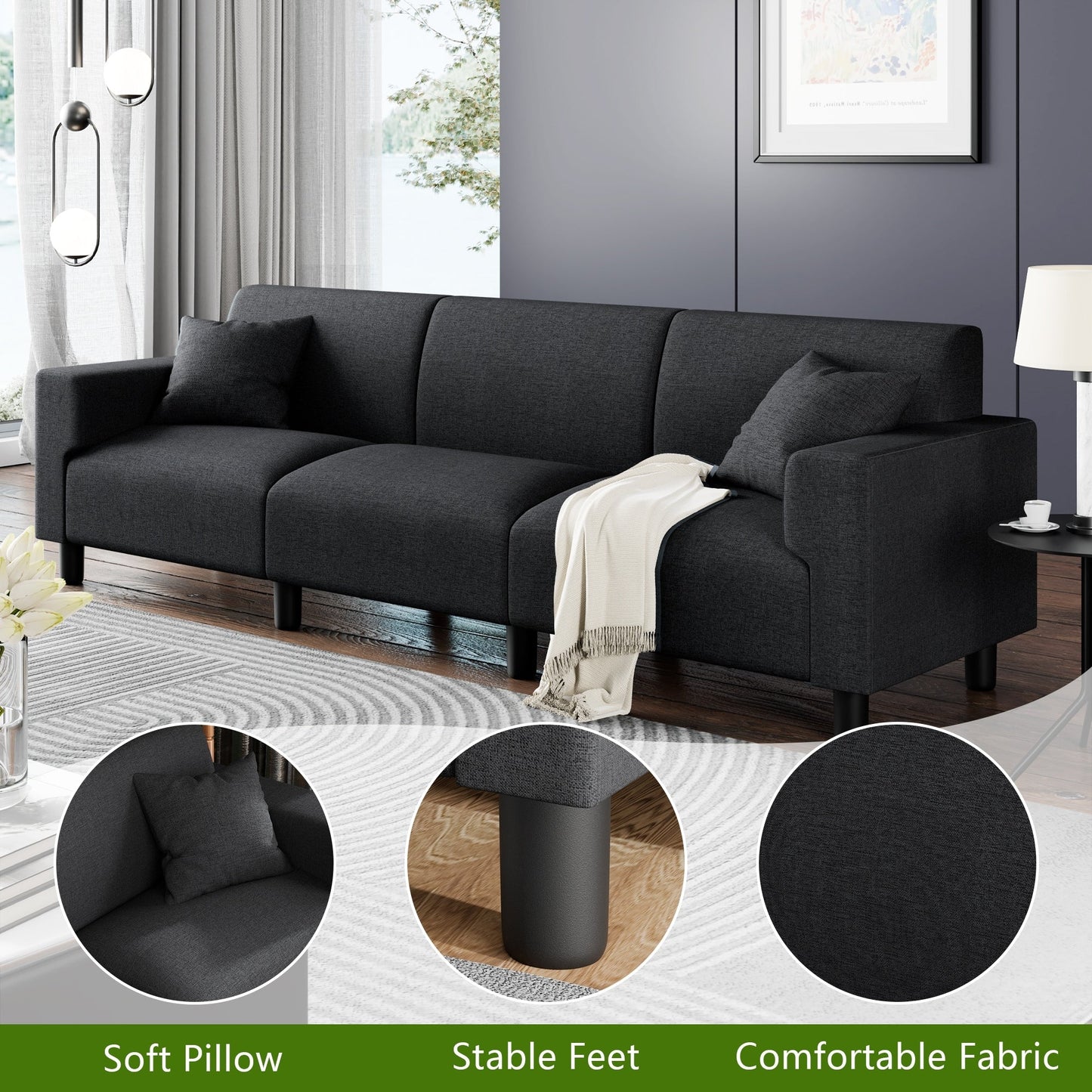 Futzca 94'' Sofa Couch, Modern 3-Seater Sofa with Two Pillows